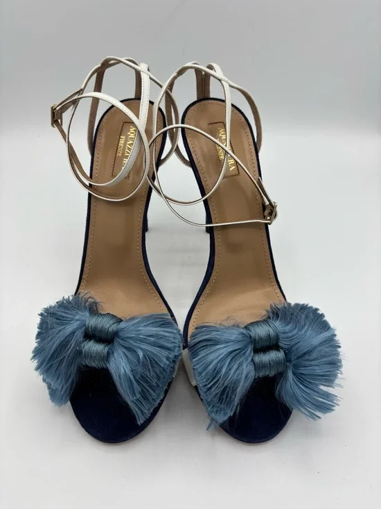 Aquazzura Wild Thing Bow Fringed Sandal Heels in Blue Suede - Picture 2 of 4